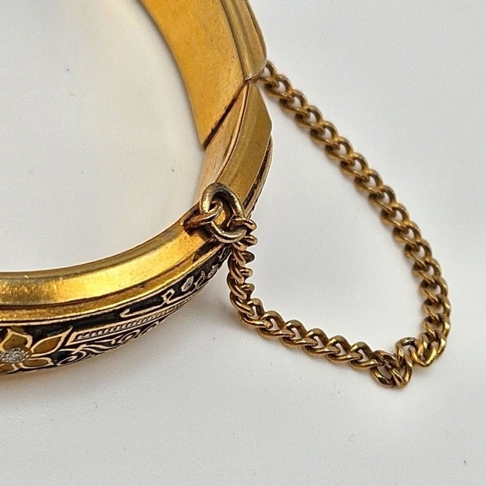 VINTAGE Damascene Gold-Filled Etched Child Hinged Cuff Bracelet Bangle
